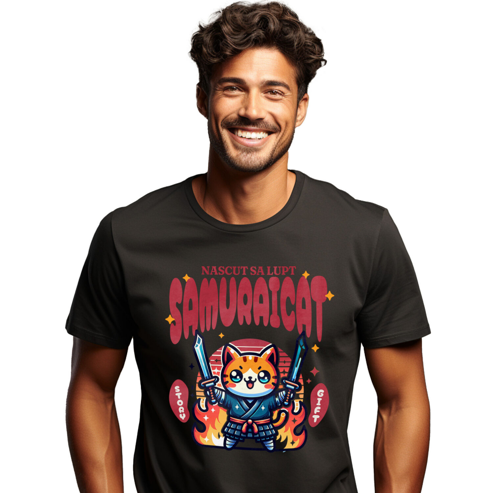 Tricou Femei, Barbati, Copii, Fata, Baiat, Unisex Personalizat Pisica Portocalie Samurai – Cadou Personalizat Născut Să Lupt Samuraicat pentru Familie și Prieteni [1]