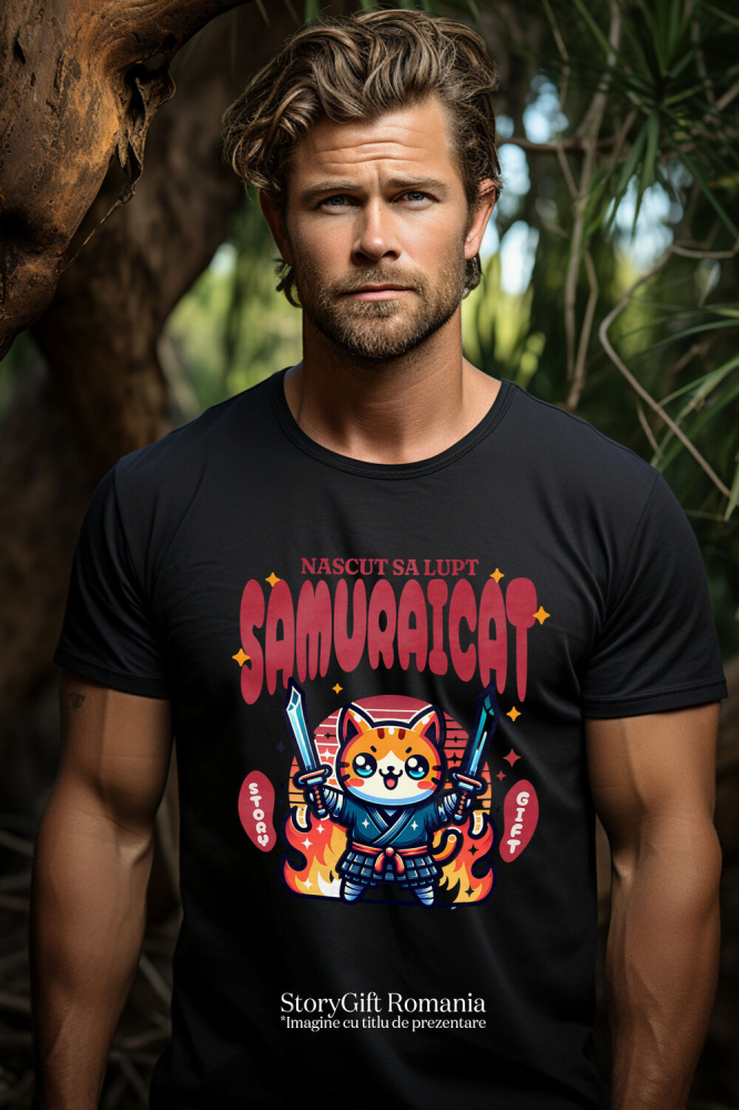 Tricou Femei, Barbati, Copii, Fata, Baiat, Unisex Personalizat Pisica Portocalie Samurai – Cadou Personalizat Născut Să Lupt Samuraicat pentru Familie și Prieteni [2]
