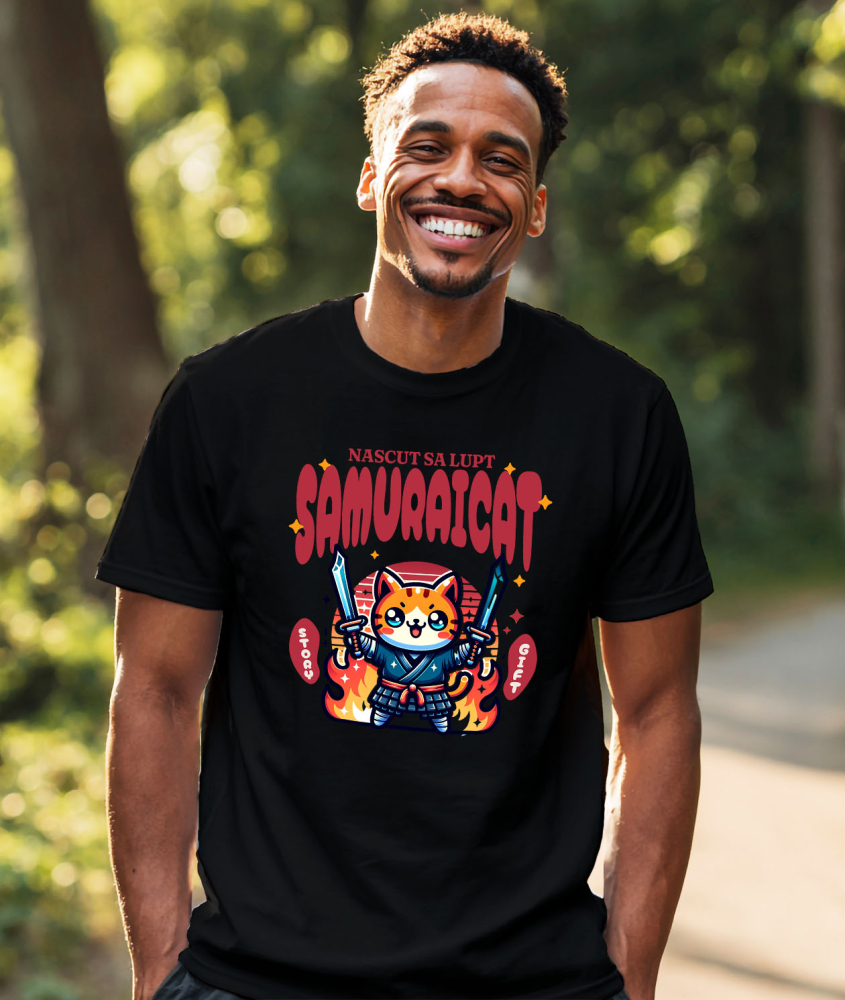 Tricou Femei, Barbati, Copii, Fata, Baiat, Unisex Personalizat Pisica Portocalie Samurai – Cadou Personalizat Născut Să Lupt Samuraicat pentru Familie și Prieteni [2]