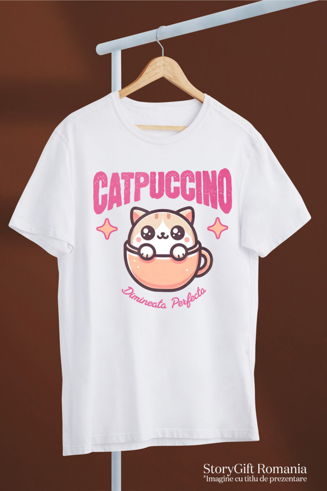 Tricou Femei, Barbati, Copii, Fata, Baiat, Unisex Personalizat „Pahar Personalizat „Catpuccino Dimineața Perfectă” – Cadou Pisică și Cafea pentru Iubitori” [3]