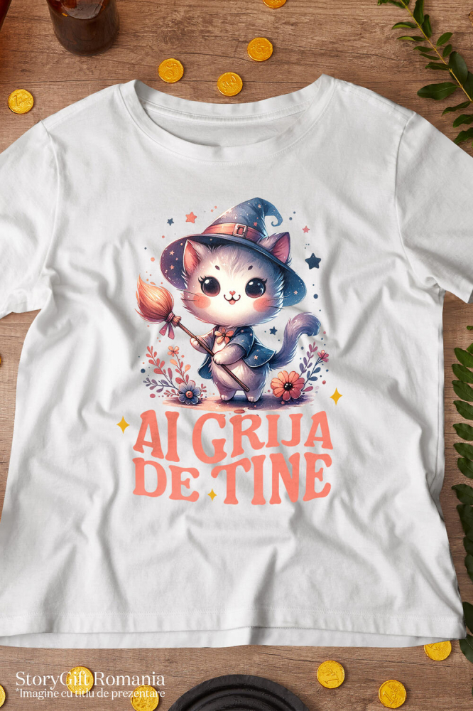 Tricou Femei, Barbati, Copii, Fata, Baiat, Unisex Personalizat Pisica Pufoasă cu Mătura de Vrăjitoare | Cadou Halloween Adorabil [3]