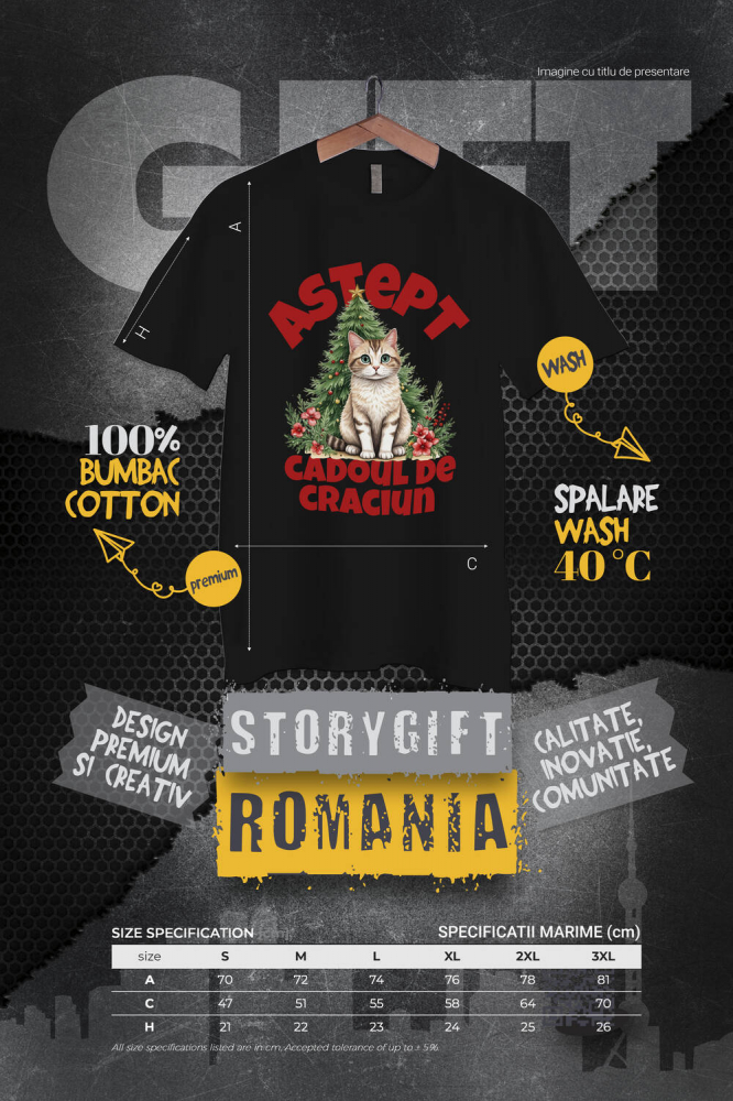 Tricou Femei, Barbati, Copii, Fata, Baiat, Unisex Personalizat Pisică Pufoasă Lângă Bradul de Crăciun – Aștept Cadoul de Crăciun [4]