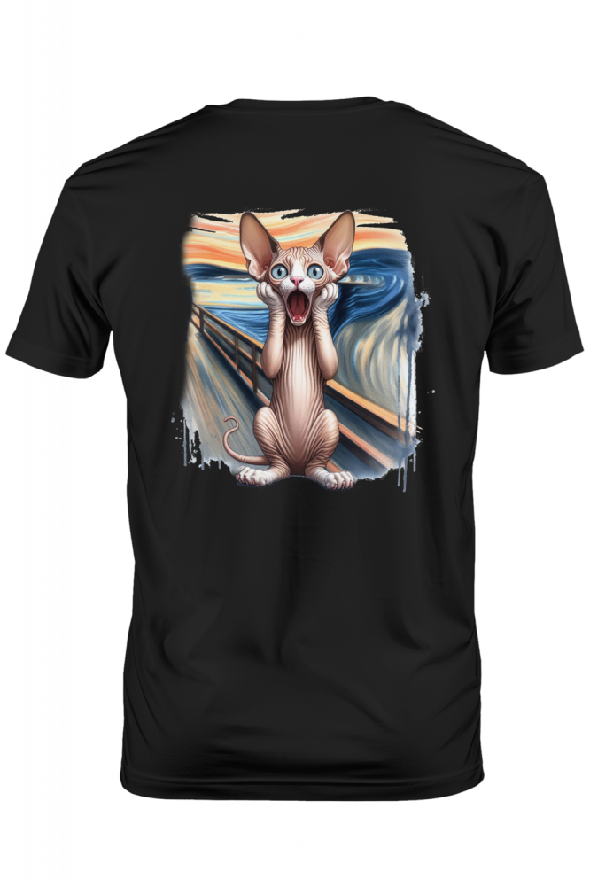 Tricou Barbati cu pisica sphynx speriata/uimita, se tine cu mainile de fata, ilustratie, pictura celebra, tablou cu Maner Alb cu imprimeu pe Spate, 100% Bumbac, Negru, L [1]