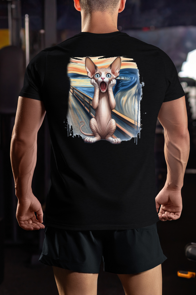 Tricou Barbati cu pisica sphynx speriata/uimita, se tine cu mainile de fata, ilustratie, pictura celebra, tablou cu Maner Alb cu imprimeu pe Spate, 100% Bumbac, Negru, L [3]