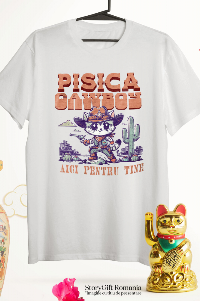 Tricou Femei, Barbati, Copii, Fata, Baiat, Unisex Personalizat "Pisica Stil Cowboy - Cadou Iubire și Sprijin Personalizat" [3]