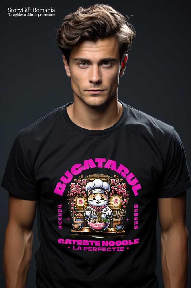 Tricou Femei, Barbati, Copii, Fata, Baiat, Unisex Personalizat Pisică bucătar personalizată cu pălărie și flori roz – „Bucătarul gătește noodles la perfecție” – Cadou amuzant [2]