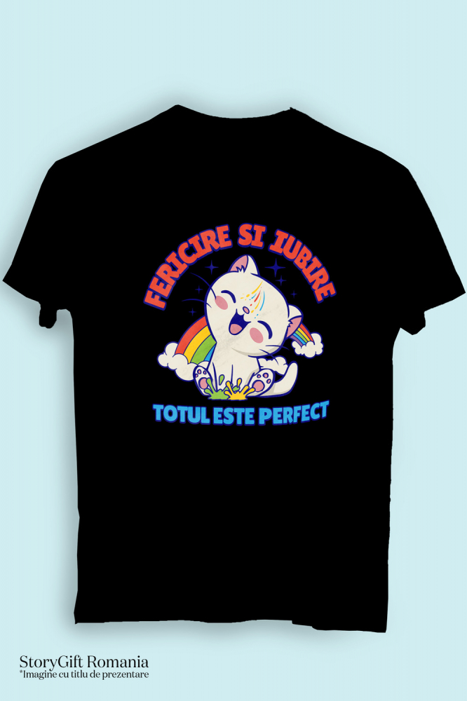 Tricou Femei, Barbati, Copii, Fata, Baiat, Unisex Personalizat "Pisica Veselă cu Curcubeu - Cadou Fericire și Iubire Personalizat" [3]