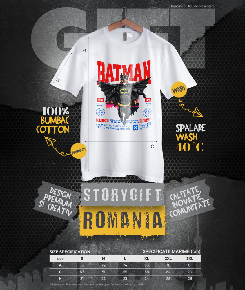 Tricou Femei, Barbati, Copii, Fata, Baiat, Unisex Personalizat Pitbull În Costum de Batman – Câine Supererou pentru Familie și Copii [4]