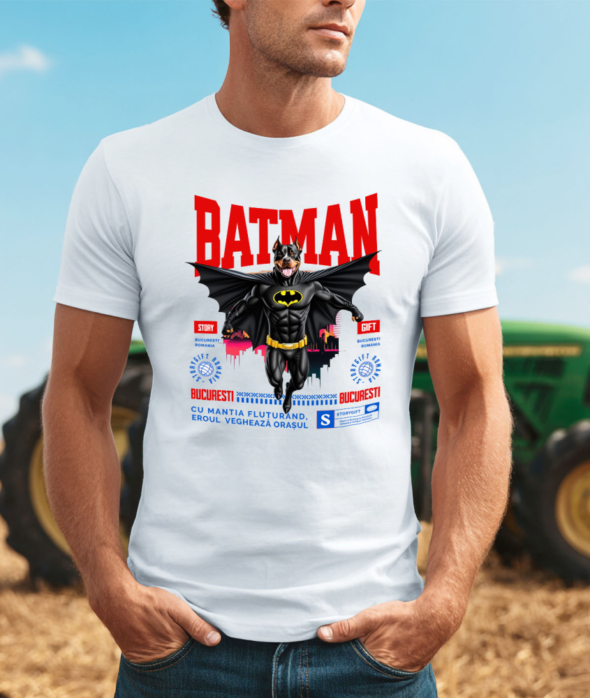 Tricou Femei, Barbati, Copii, Fata, Baiat, Unisex Personalizat Pitbull În Costum de Batman – Câine Supererou pentru Familie și Copii [2]