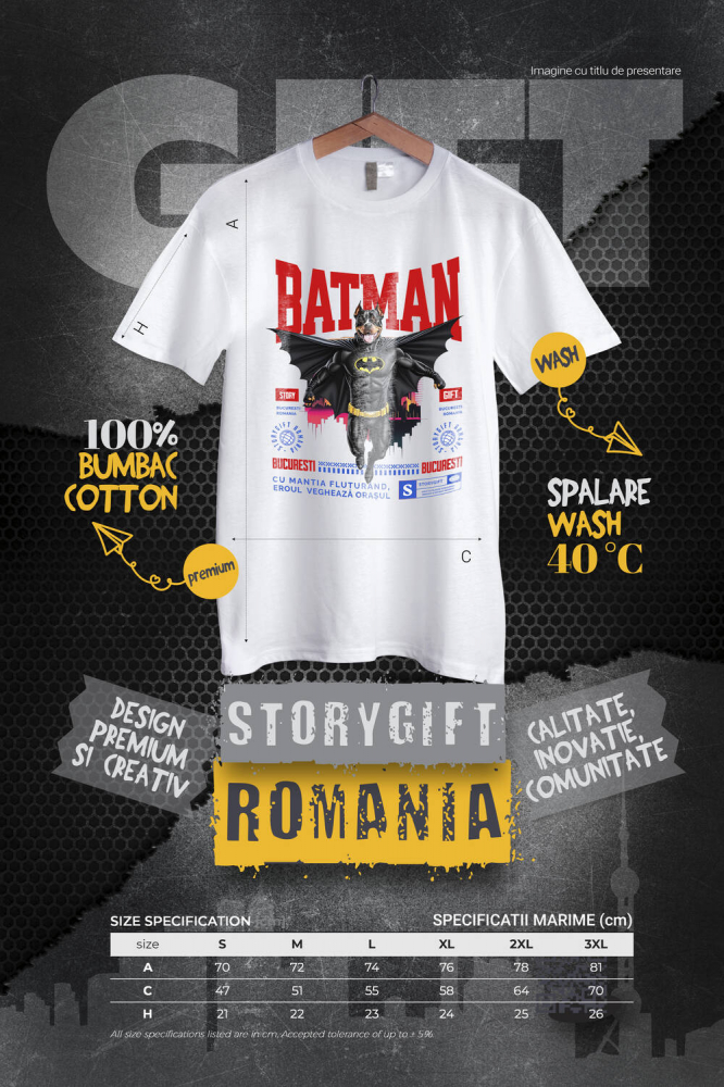 Tricou Femei, Barbati, Copii, Fata, Baiat, Unisex Personalizat Pitbull În Costum de Batman – Câine Supererou pentru Familie și Copii [4]