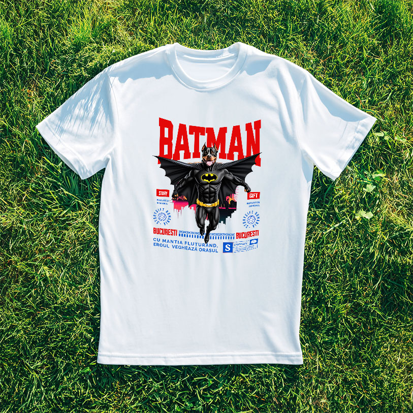 Tricou Femei, Barbati, Copii, Fata, Baiat, Unisex Personalizat Pitbull În Costum de Batman – Câine Supererou pentru Familie și Copii [3]