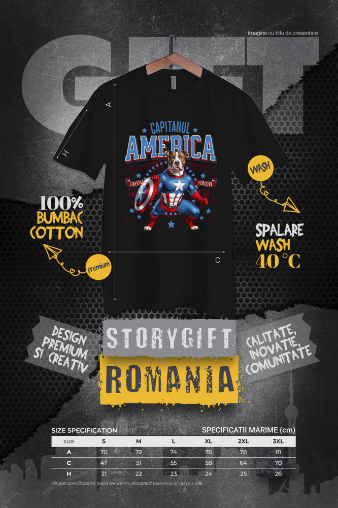 Tricou Femei, Barbati, Copii, Fata, Baiat, Unisex Personalizat Pitbull în Costum Captain America cu Pelerină - Cadou Personalizat pentru Copii și Iubitorii de Câini [4]