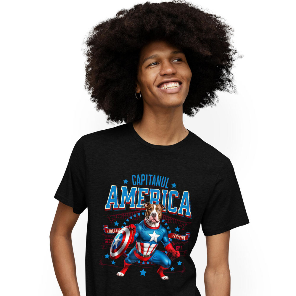 Tricou Femei, Barbati, Copii, Fata, Baiat, Unisex Personalizat Pitbull în Costum Captain America cu Pelerină - Cadou Personalizat pentru Copii și Iubitorii de Câini [1]