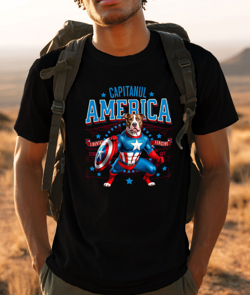 Tricou Femei, Barbati, Copii, Fata, Baiat, Unisex Personalizat Pitbull în Costum Captain America cu Pelerină - Cadou Personalizat pentru Copii și Iubitorii de Câini [2]