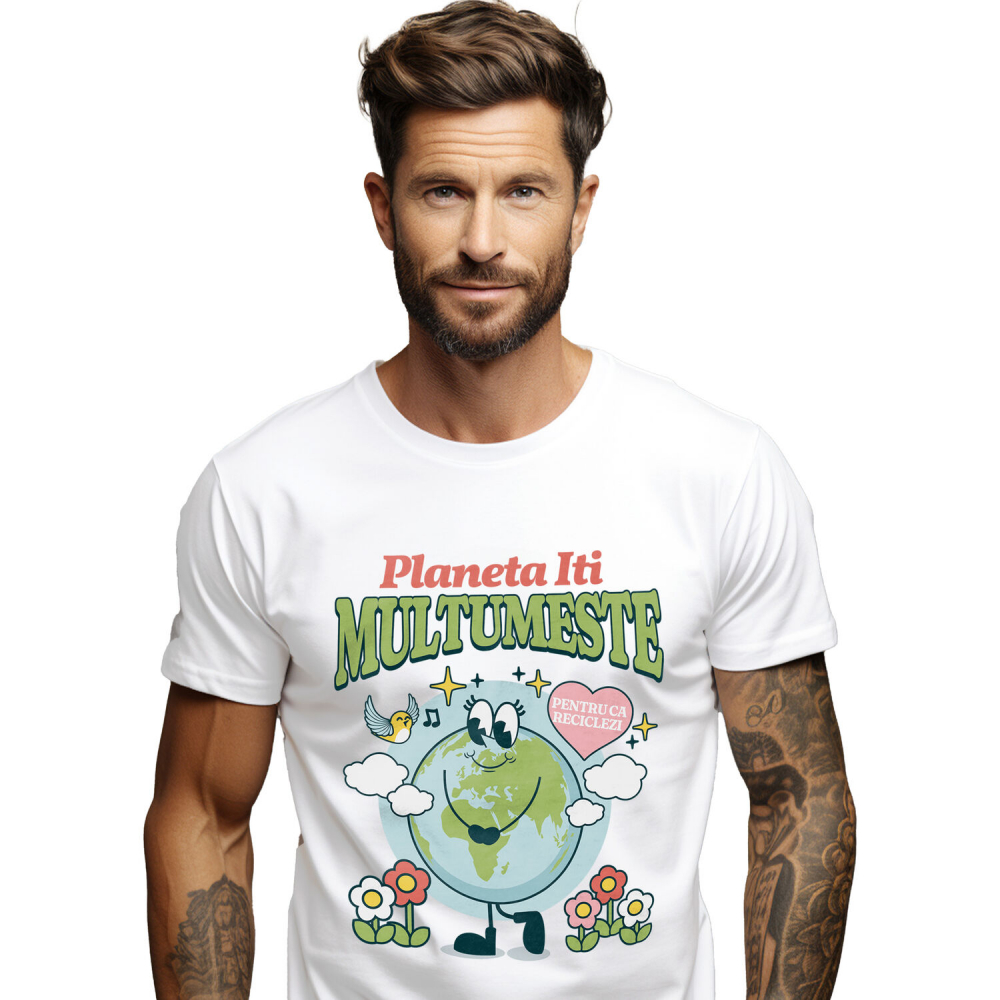 Tricou Femei, Barbati, Copii, Fata, Baiat, Unisex Personalizat "Planeta veselă cu gene lungi – Protejează natura, cadouri ecologice personalizate pentru familie" [1]