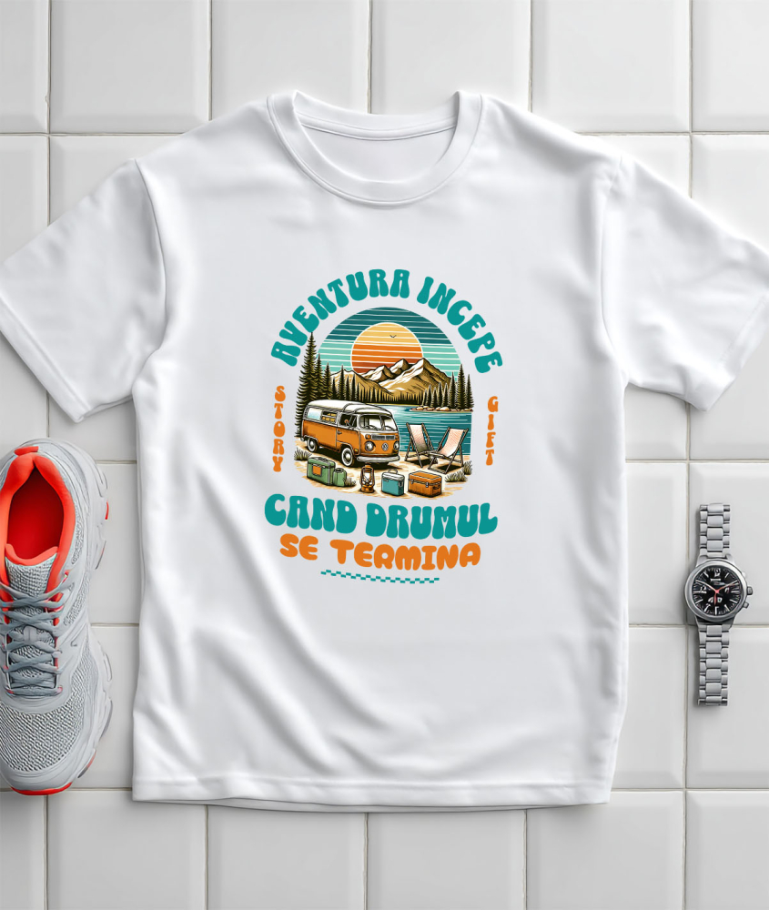 Tricou Femei, Barbati, Copii, Fata, Baiat, Unisex Personalizat "Plimbare Cu Rulota – Aventura Începe Când Se Termină Drumul" [3]