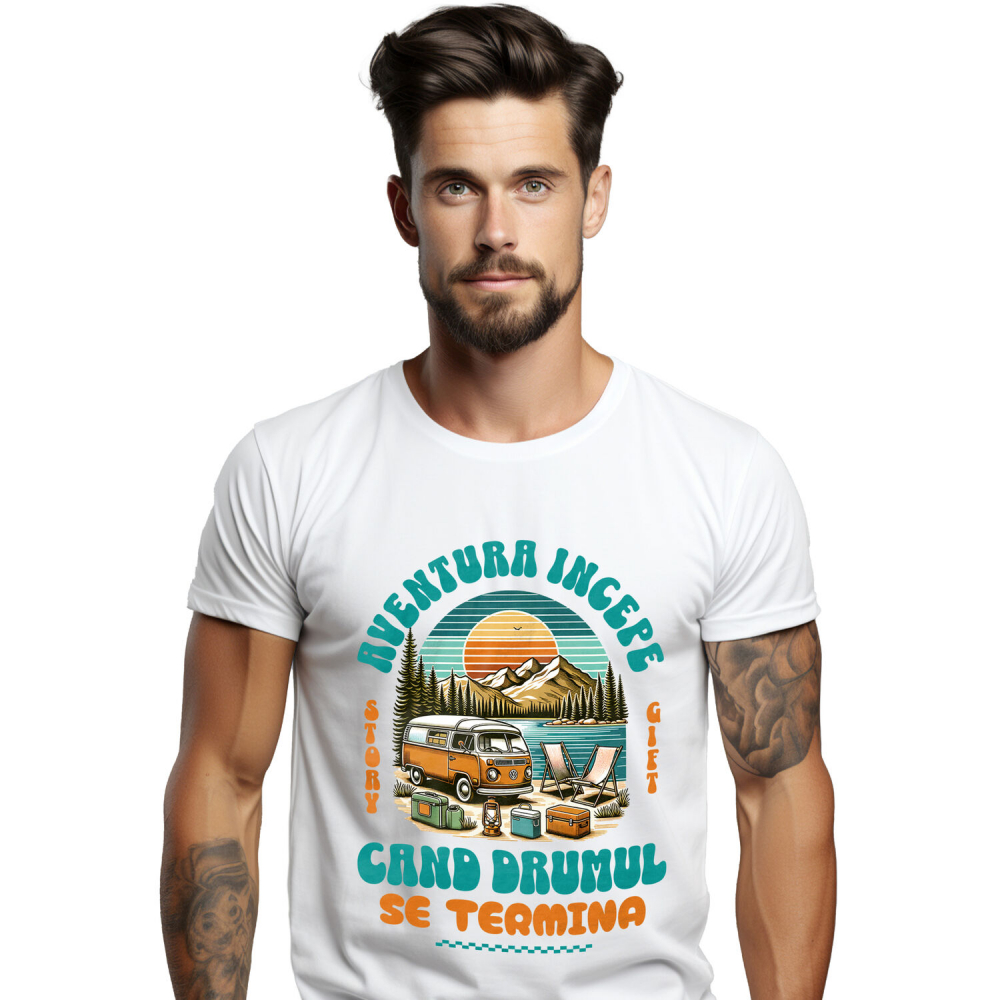 Tricou Femei, Barbati, Copii, Fata, Baiat, Unisex Personalizat "Plimbare Cu Rulota – Aventura Începe Când Se Termină Drumul" [1]