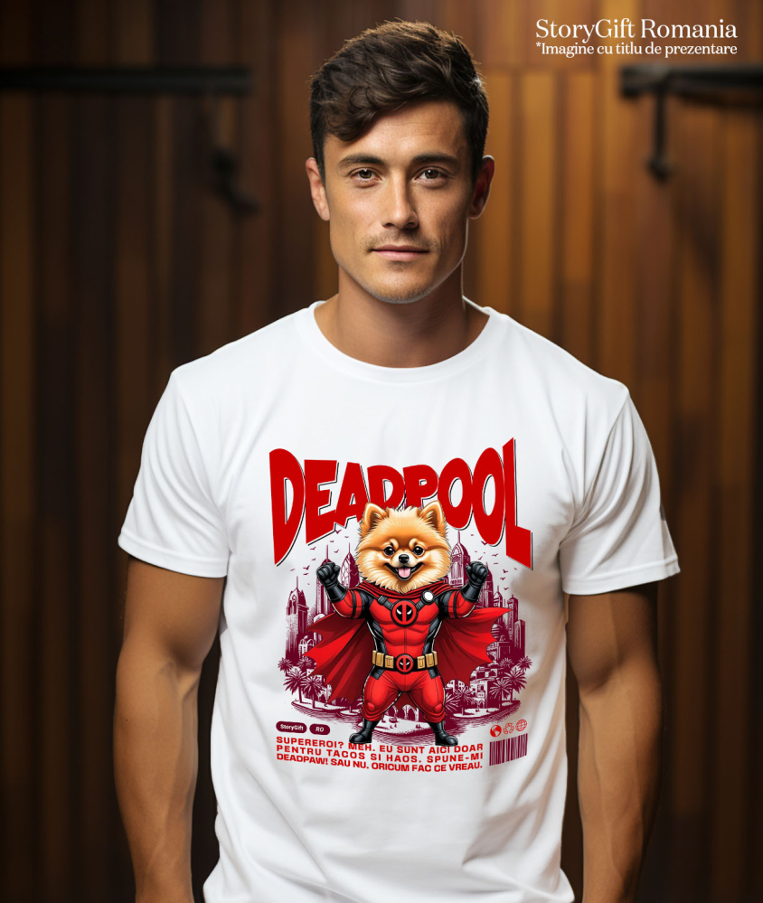 Tricou Femei, Barbati, Copii, Fata, Baiat, Unisex Personalizat Pomeranian în Costum Deadpool – Câine Supererou Amuzant și Personalizat [2]