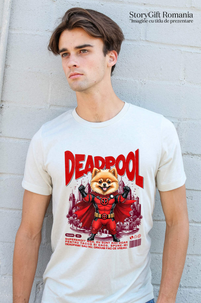 Tricou Femei, Barbati, Copii, Fata, Baiat, Unisex Personalizat Pomeranian în Costum Deadpool – Câine Supererou Amuzant și Personalizat [2]