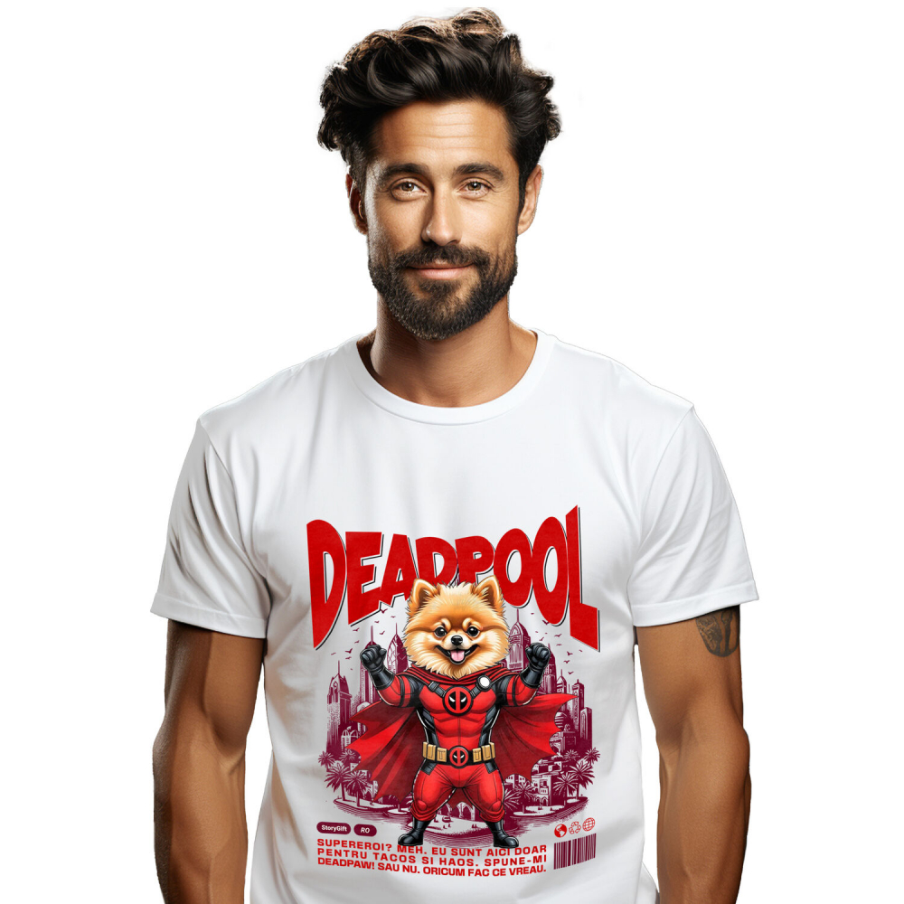 Tricou Femei, Barbati, Copii, Fata, Baiat, Unisex Personalizat Pomeranian în Costum Deadpool – Câine Supererou Amuzant și Personalizat [1]