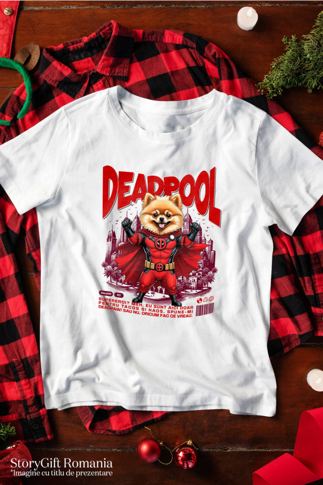 Tricou Femei, Barbati, Copii, Fata, Baiat, Unisex Personalizat Pomeranian în Costum Deadpool – Câine Supererou Amuzant și Personalizat [3]