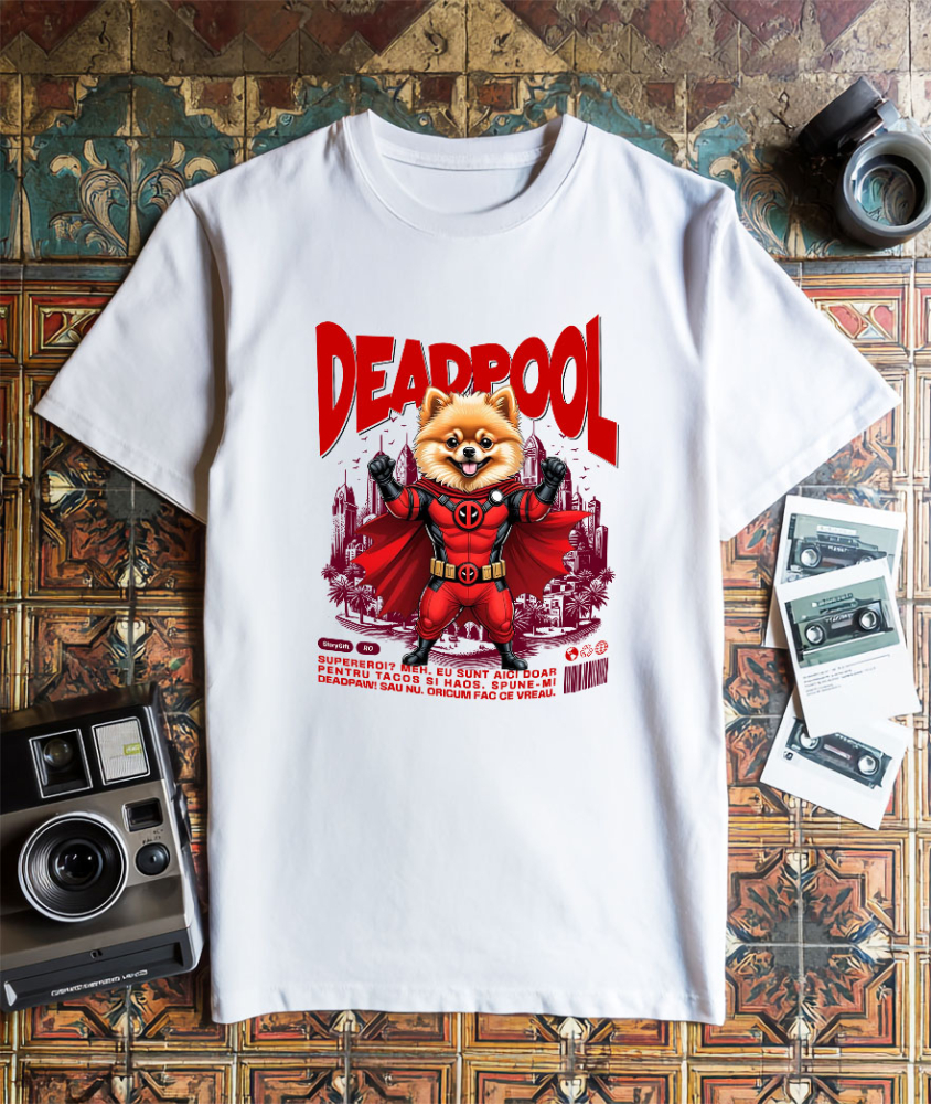 Tricou Femei, Barbati, Copii, Fata, Baiat, Unisex Personalizat Pomeranian în Costum Deadpool – Câine Supererou Amuzant și Personalizat [3]