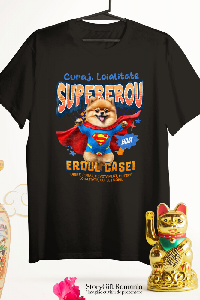 Tricou Femei, Barbati, Copii, Fata, Baiat, Unisex Personalizat Pomeranian și Pisică în Costum de Superman – Produse Personalizate pentru Copii și Familie [3]