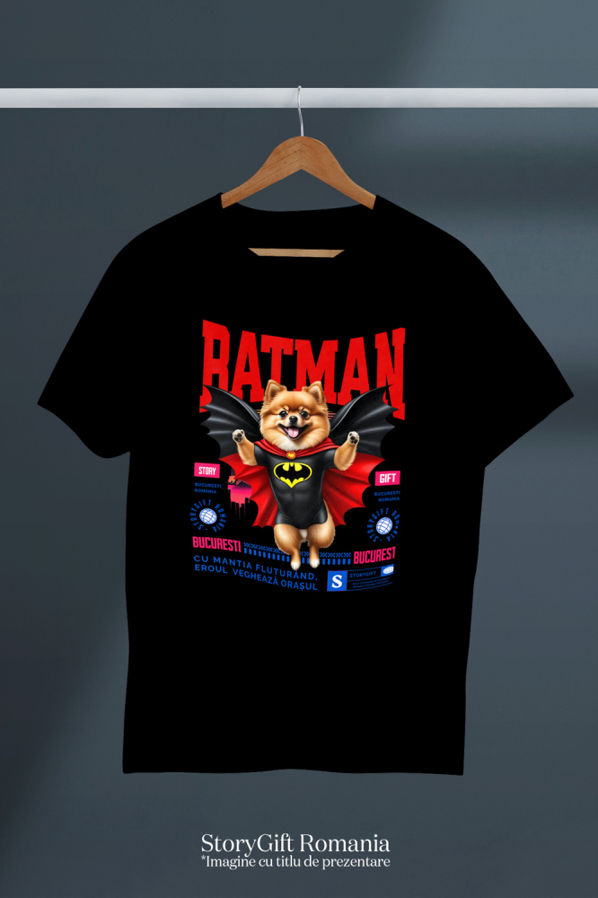 Tricou Femei, Barbati, Copii, Fata, Baiat, Unisex Personalizat Pomeranian în Costum de Batman – Supereroul Blănos Perfect pentru Copii și Iubitorii de Animale [3]
