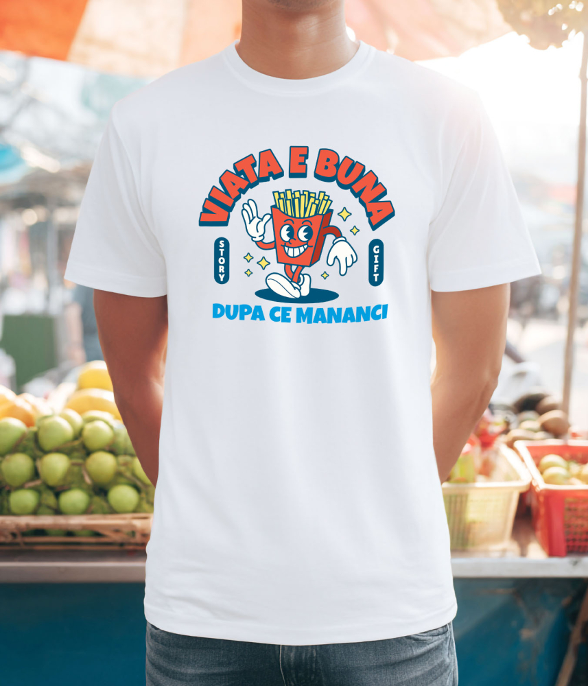 Tricou Femei, Barbati, Copii, Fata, Baiat, Unisex Personalizat Porție Cartofi Prajiți Veselă cu Mesaj „Viața E Bună După Ce Mănânci Fast Food” - Cadouri Amuzante pentru Familie și Prieteni [2]