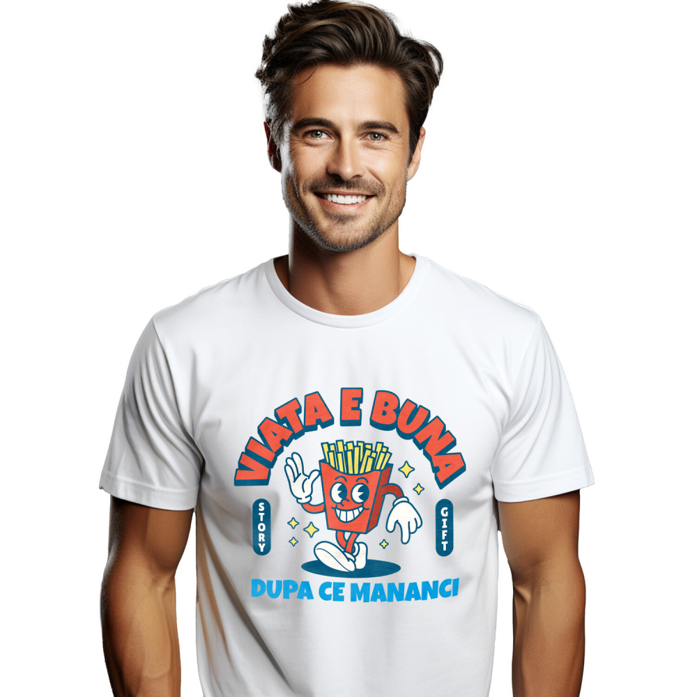 Tricou Femei, Barbati, Copii, Fata, Baiat, Unisex Personalizat Porție Cartofi Prajiți Veselă cu Mesaj „Viața E Bună După Ce Mănânci Fast Food” - Cadouri Amuzante pentru Familie și Prieteni [1]