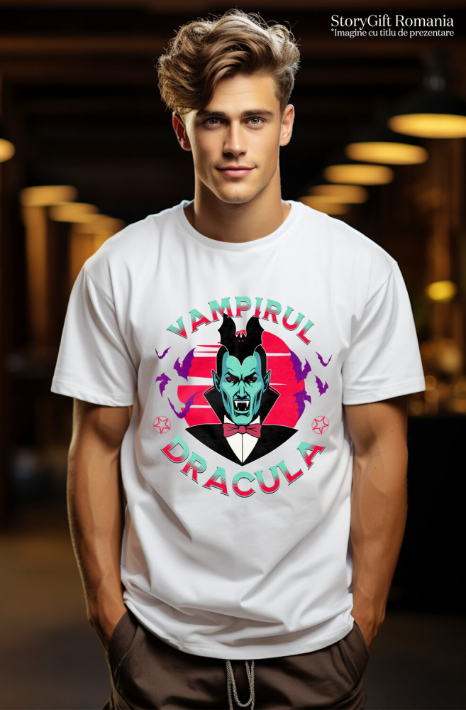 Tricou Femei, Barbati, Copii, Fata, Baiat, Unisex Personalizat „Portret Dracula și Vlad Țepeș Personalizat cu Lilieci – Cadouri Tematice Halloween pentru Familie și Copii” [2]