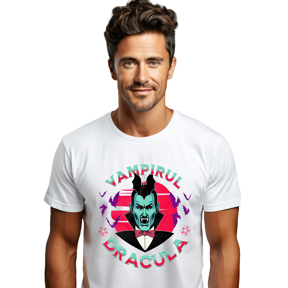 Tricou Femei, Barbati, Copii, Fata, Baiat, Unisex Personalizat „Portret Dracula și Vlad Țepeș Personalizat cu Lilieci – Cadouri Tematice Halloween pentru Familie și Copii” [1]