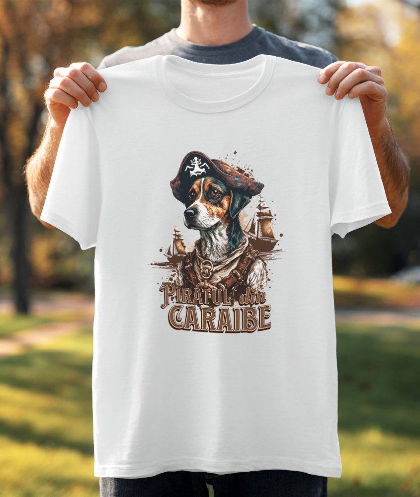 Tricou Femei, Barbati, Copii, Fata, Baiat, Unisex Personalizat Piratul din Caraibe – Portret Personalizat Câine Aventurier [3]