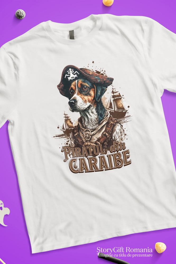 Tricou Femei, Barbati, Copii, Fata, Baiat, Unisex Personalizat Piratul din Caraibe – Portret Personalizat Câine Aventurier [3]