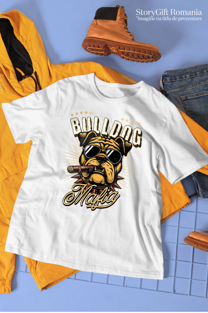 Tricou Femei, Barbati, Copii, Fata, Baiat, Unisex Personalizat „Portret Câine Bulldog Stil Mafiot cu Trabuc și Ochelari de Soare – Cadou Personalizat pentru Iubitorii de Câini” [3]