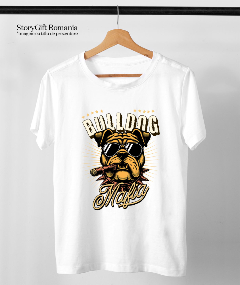 Tricou Femei, Barbati, Copii, Fata, Baiat, Unisex Personalizat „Portret Câine Bulldog Stil Mafiot cu Trabuc și Ochelari de Soare – Cadou Personalizat pentru Iubitorii de Câini” [3]