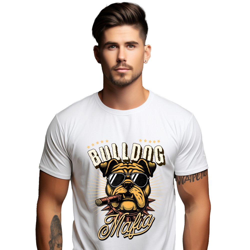 Tricou Femei, Barbati, Copii, Fata, Baiat, Unisex Personalizat „Portret Câine Bulldog Stil Mafiot cu Trabuc și Ochelari de Soare – Cadou Personalizat pentru Iubitorii de Câini” [1]