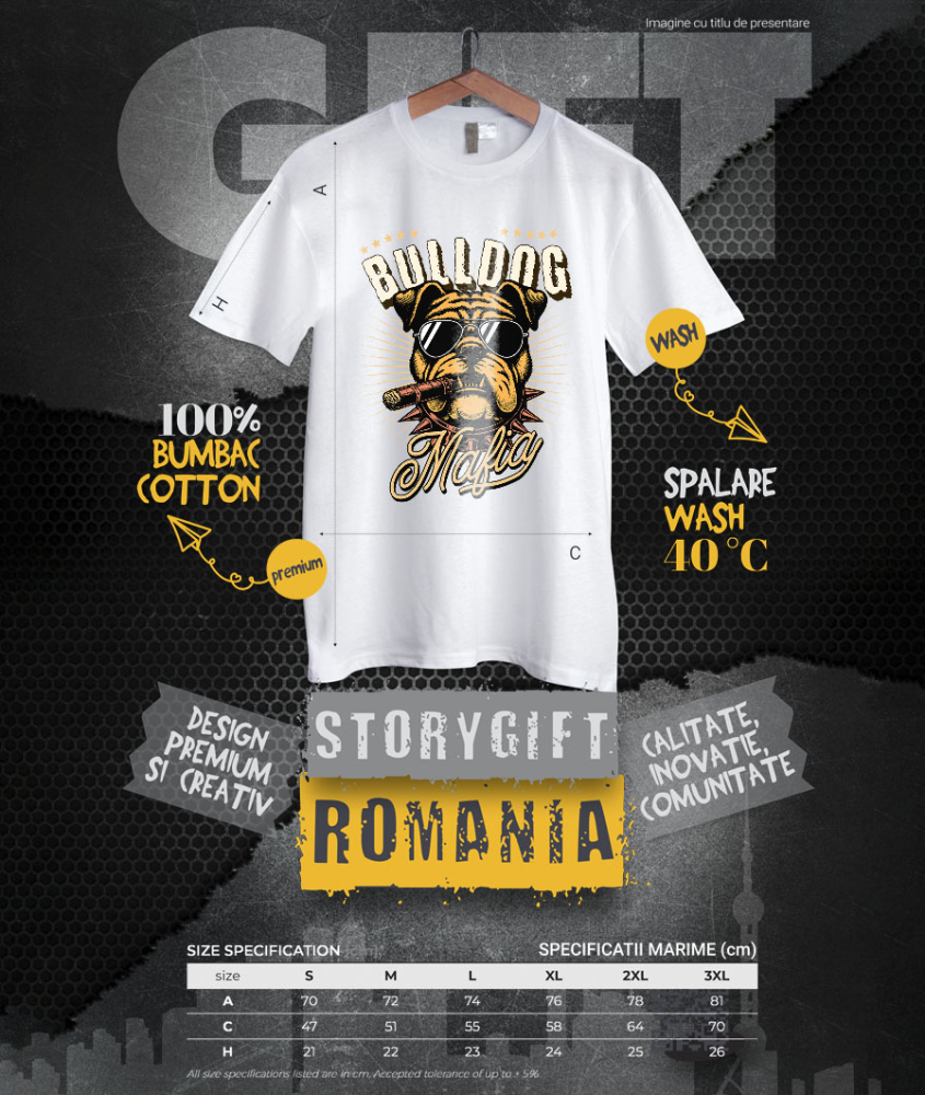 Tricou Femei, Barbati, Copii, Fata, Baiat, Unisex Personalizat „Portret Câine Bulldog Stil Mafiot cu Trabuc și Ochelari de Soare – Cadou Personalizat pentru Iubitorii de Câini” [4]