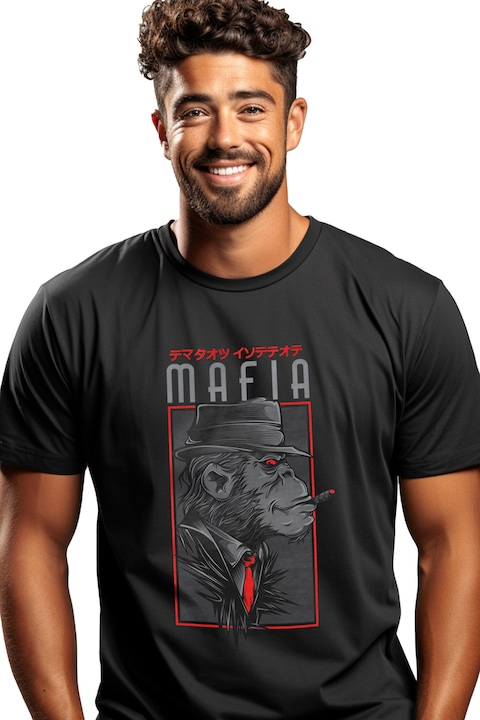 Tricou Barbati Cu Portret Gorila Cu Palarie, Tinuta Eleganta Cu Cravata Rosie, Text In Engleza Mafia, Text In Chineza, Iubitorii De Filme Sf, cu imprimeu pe Fata, 100% Bumbac, Negru, L [1]