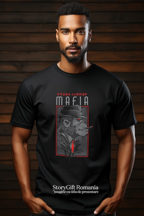 Tricou Barbati Cu Portret Gorila Cu Palarie, Tinuta Eleganta Cu Cravata Rosie, Text In Engleza Mafia, Text In Chineza, Iubitorii De Filme Sf, cu imprimeu pe Fata, 100% Bumbac, Negru, L [2]