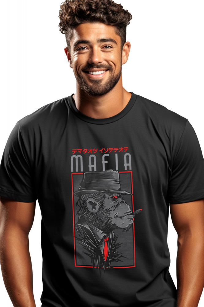 Tricou Barbati Cu Portret Gorila Cu Palarie, Tinuta Eleganta Cu Cravata Rosie, Text In Engleza Mafia, Text In Chineza, Iubitorii De Filme Sf,  cu imprimeu pe Fata, 100% Bumbac,  Negru, L [1]