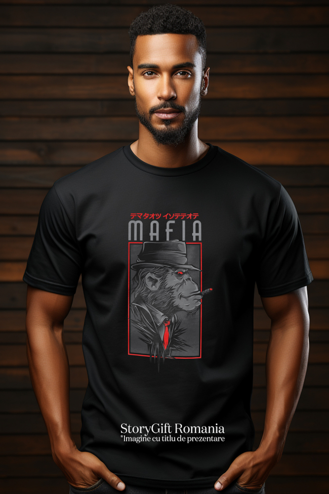 Tricou Barbati Cu Portret Gorila Cu Palarie, Tinuta Eleganta Cu Cravata Rosie, Text In Engleza Mafia, Text In Chineza, Iubitorii De Filme Sf,  cu imprimeu pe Fata, 100% Bumbac,  Negru, L [2]