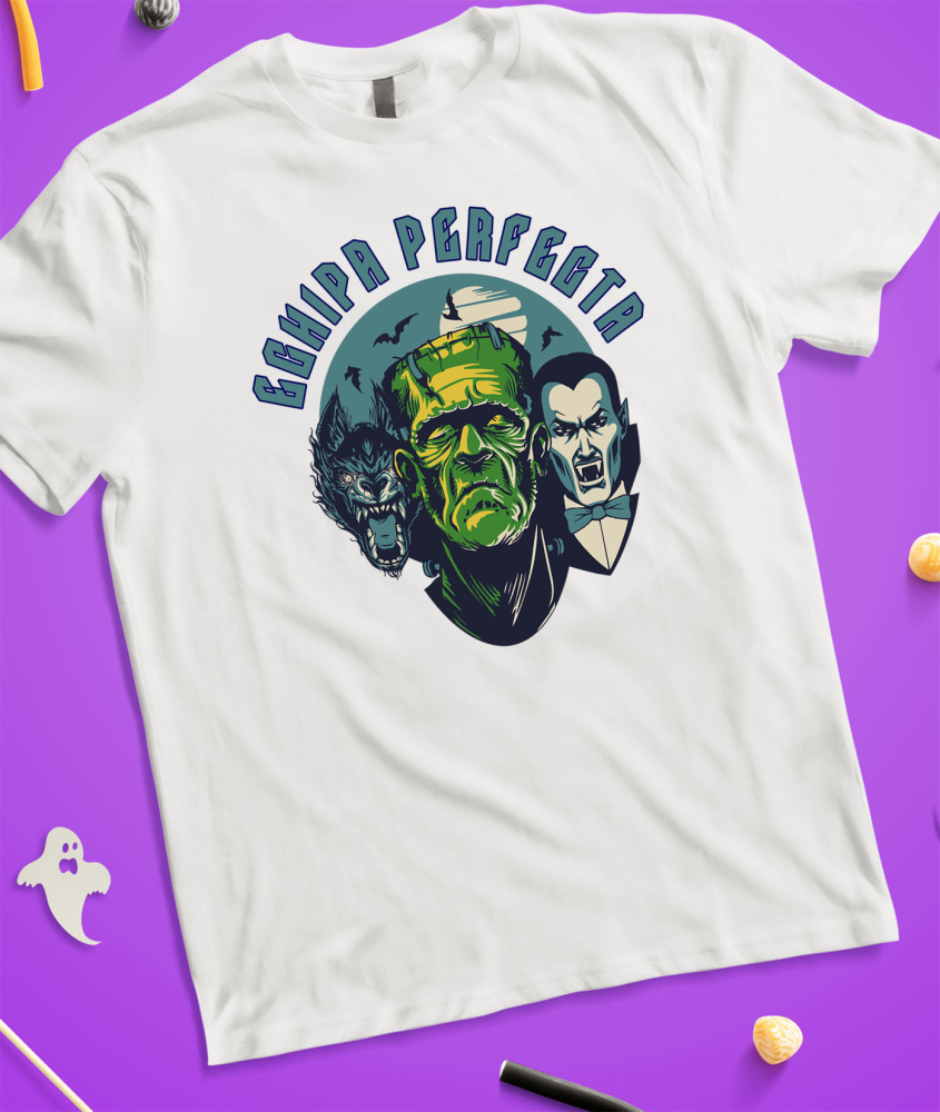 Tricou Femei, Barbati, Copii, Fata, Baiat, Unisex Personalizat „Portret Lup, Dracula și Frankenstein Personalizat – Cadouri Tematice pentru Halloween și Familie” [3]