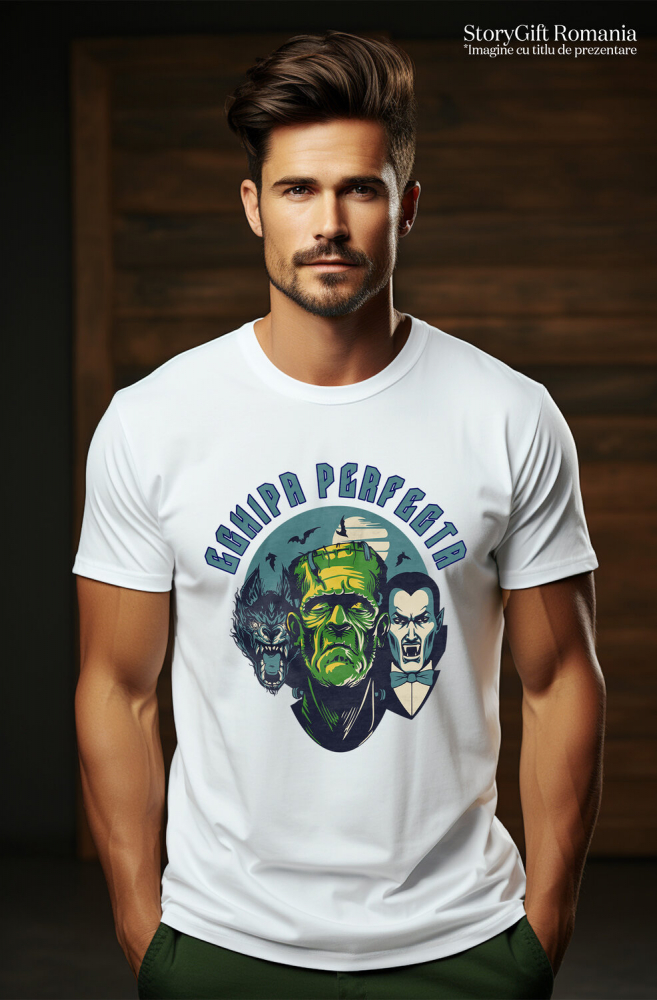 Tricou Femei, Barbati, Copii, Fata, Baiat, Unisex Personalizat „Portret Lup, Dracula și Frankenstein Personalizat – Cadouri Tematice pentru Halloween și Familie” [2]