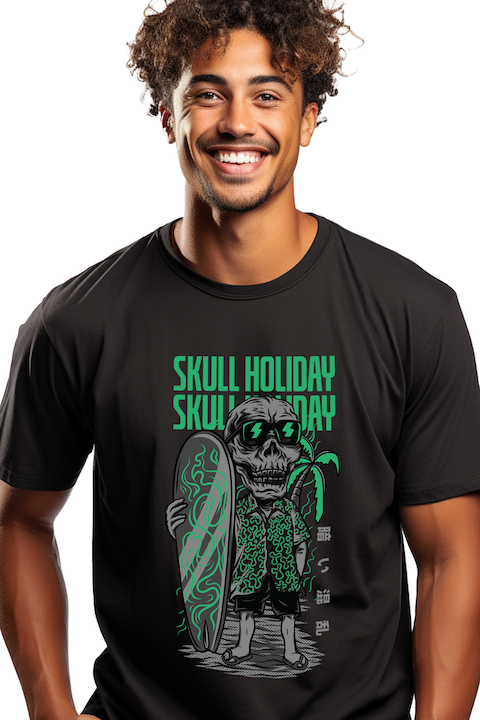 Tricou Barbati Cu Portret Personaj Schelete Craniu Om Cu Placa De Surff In Tinuta De Vacanta, Ochelarii De Soare, Text In Engleza Skull Holiday, Iubitorii De Filme Horror, cu imprimeu pe Fata, 100% Bu [1]