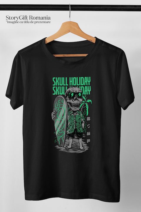 Tricou Barbati Cu Portret Personaj Schelete Craniu Om Cu Placa De Surff In Tinuta De Vacanta, Ochelarii De Soare, Text In Engleza Skull Holiday, Iubitorii De Filme Horror, cu imprimeu pe Fata, 100% Bu [3]