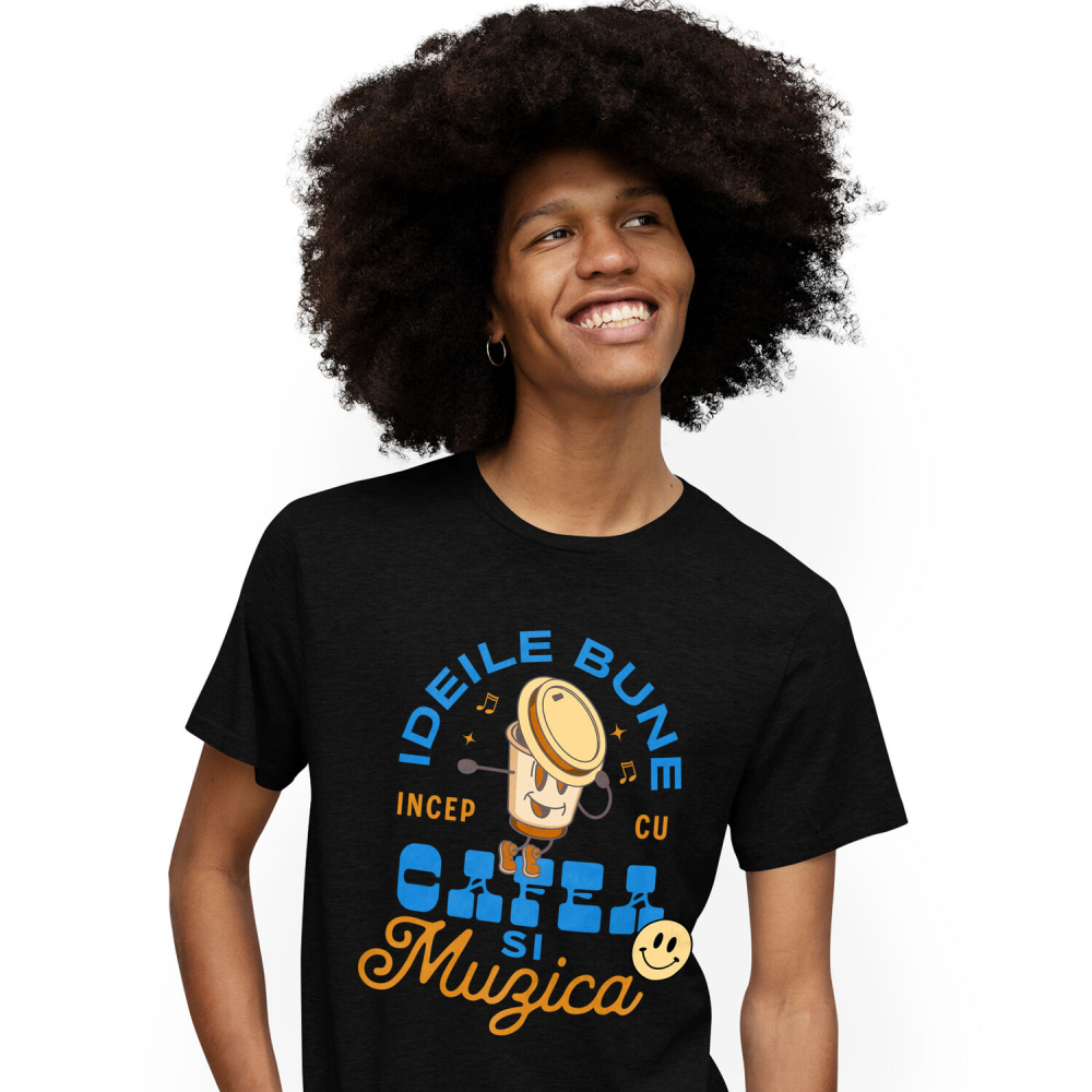 Tricou Femei, Barbati, Copii, Fata, Baiat, Unisex Personalizat „Pahar Personalizat „Ideile Bune Încep Cu Cafea și Muzica” – Cadou Perfect pentru Iubitorii de Cafea și Muzică” [1]