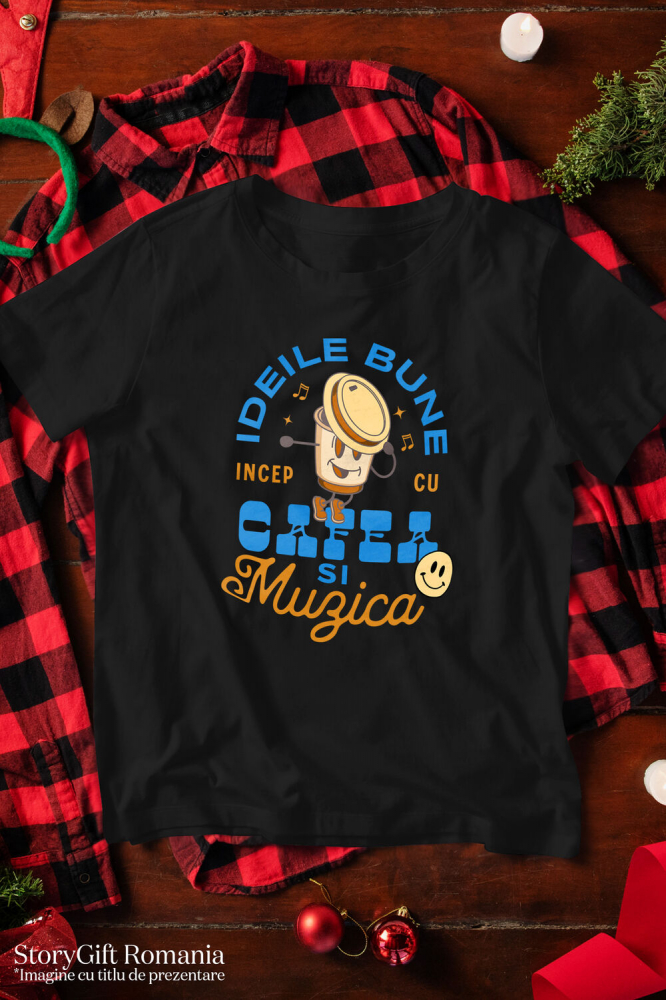 Tricou Femei, Barbati, Copii, Fata, Baiat, Unisex Personalizat „Pahar Personalizat „Ideile Bune Încep Cu Cafea și Muzica” – Cadou Perfect pentru Iubitorii de Cafea și Muzică” [3]