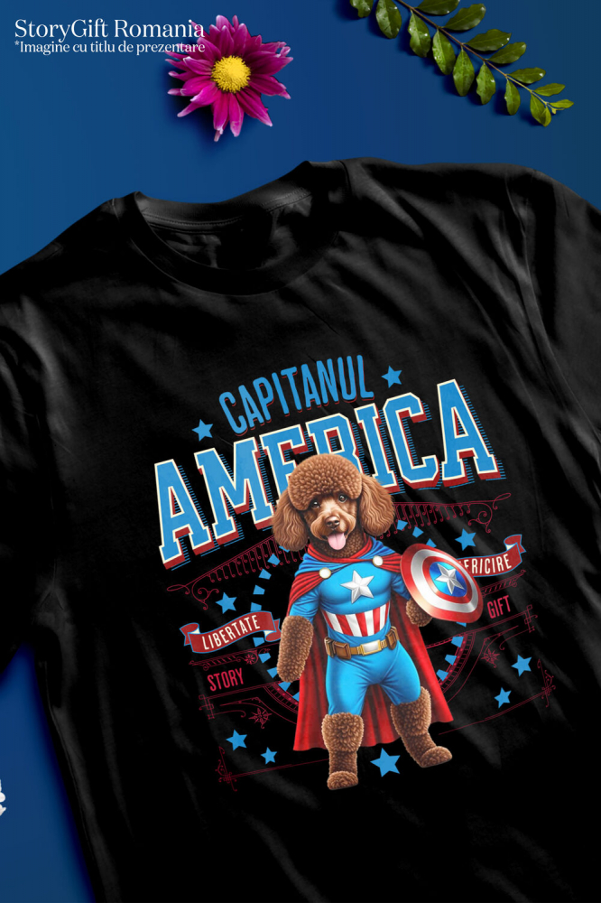 Tricou Femei, Barbati, Copii, Fata, Baiat, Unisex Personalizat Pudel în Costum Captain America cu Pelerină - Cadou Personalizat pentru Copii și Iubitorii de Câini [3]