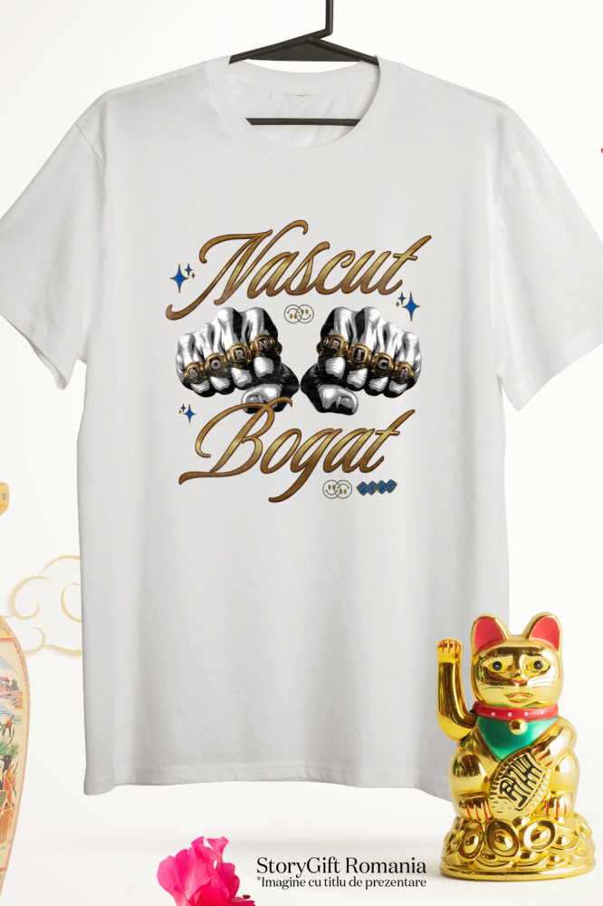 Tricou Femei, Barbati, Copii, Fata, Baiat, Unisex Personalizat Pumnale din Aur cu Mesaj „Născut Bogat” – Cadou Puternic și Simbolic pentru Tati, Prieteni, Succes Financiar [3]